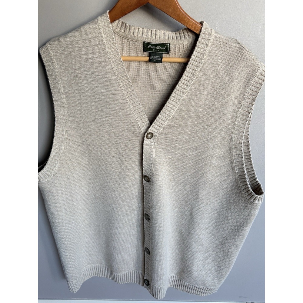 Eddie Bauer Vintage Knit V-Neck Button Front Sweater Vest Beige Sz XL Heritage - Picture 8 of 8